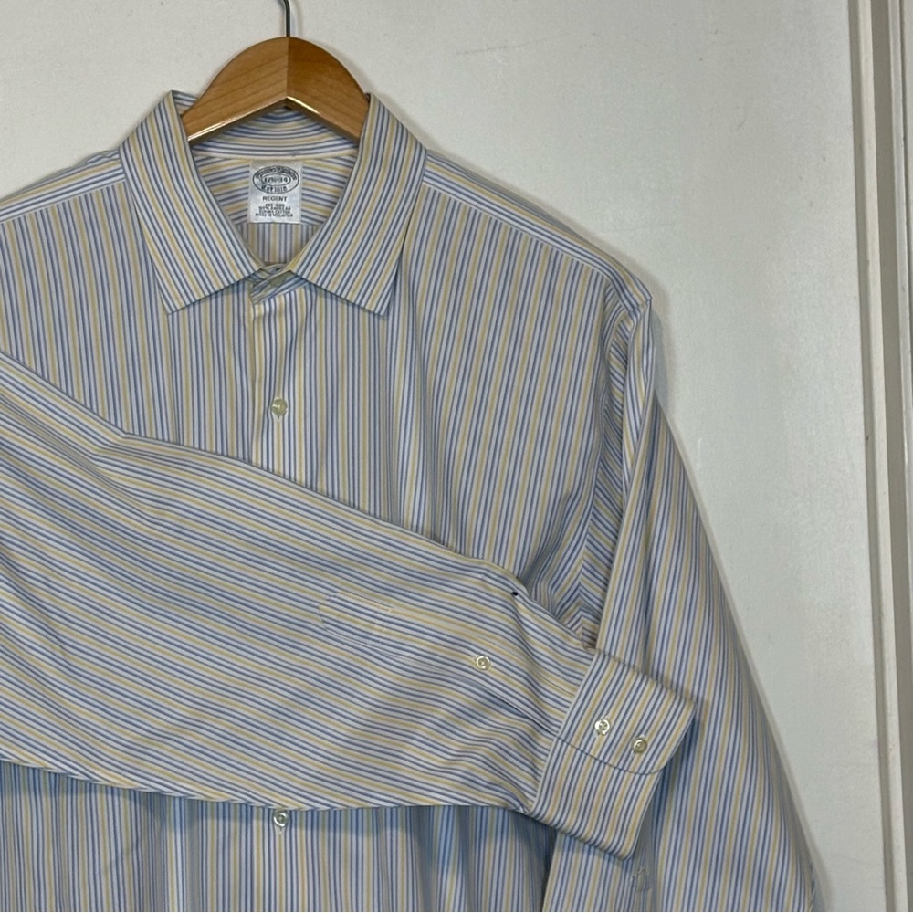 Brooks Brothers Regent Blue, Yellow and White Striped Dress Shirt